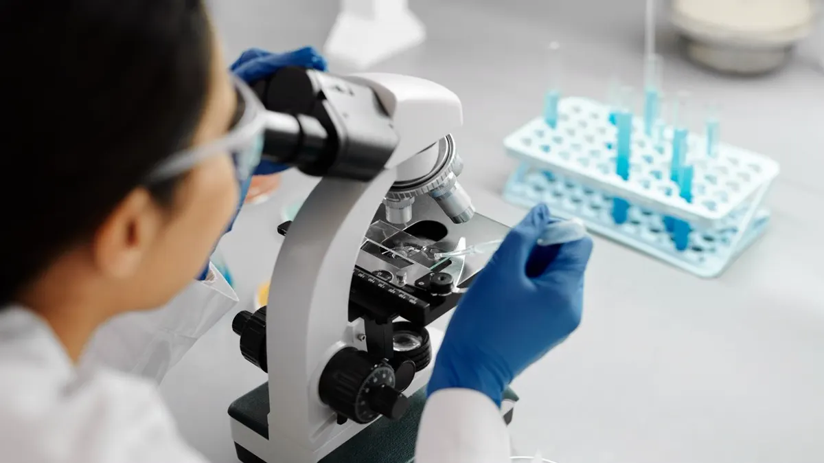 A laboratory researcher examining a sample under a microscope