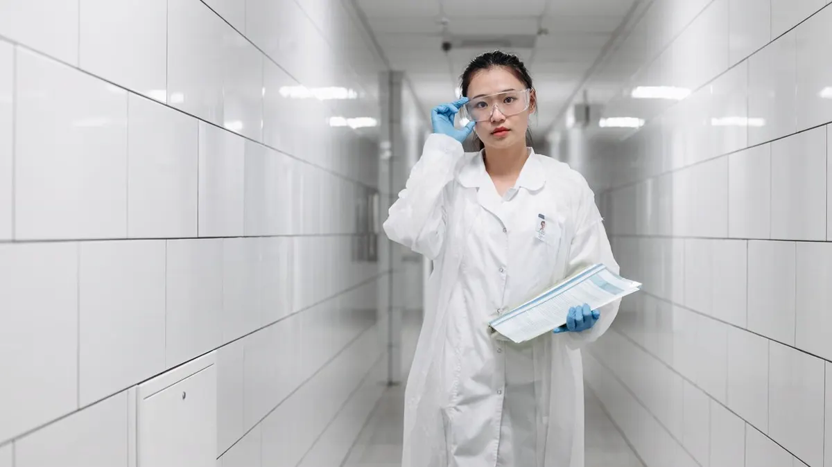 A woman scientist carrying research papers in a laboratory